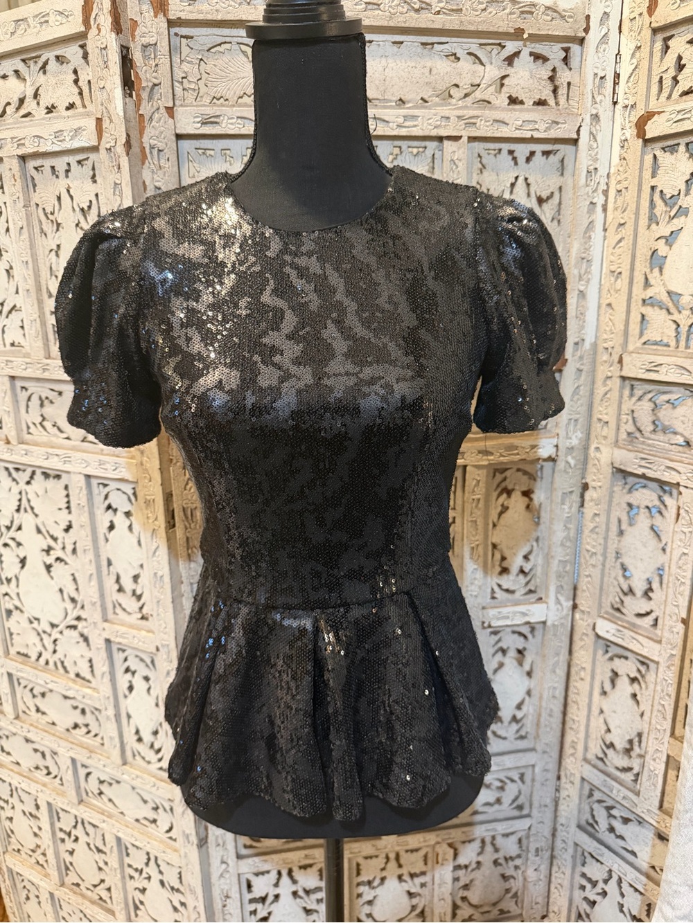 ANTONIO MELANI Black Sequin Puff-Sleeve Peplum Top